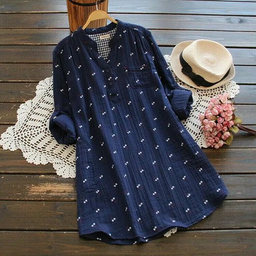 Printed long-sleeved cotton long shirt