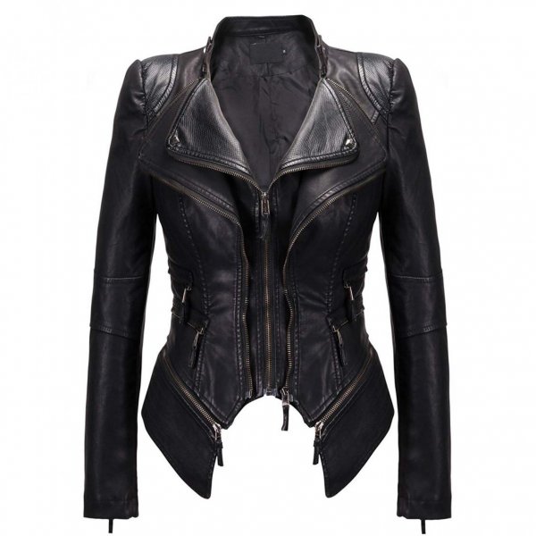 New-black Women's Fashion Leather Outerwear Lightweight