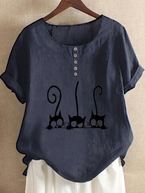 Cat Print Cotton And Linen Shirt