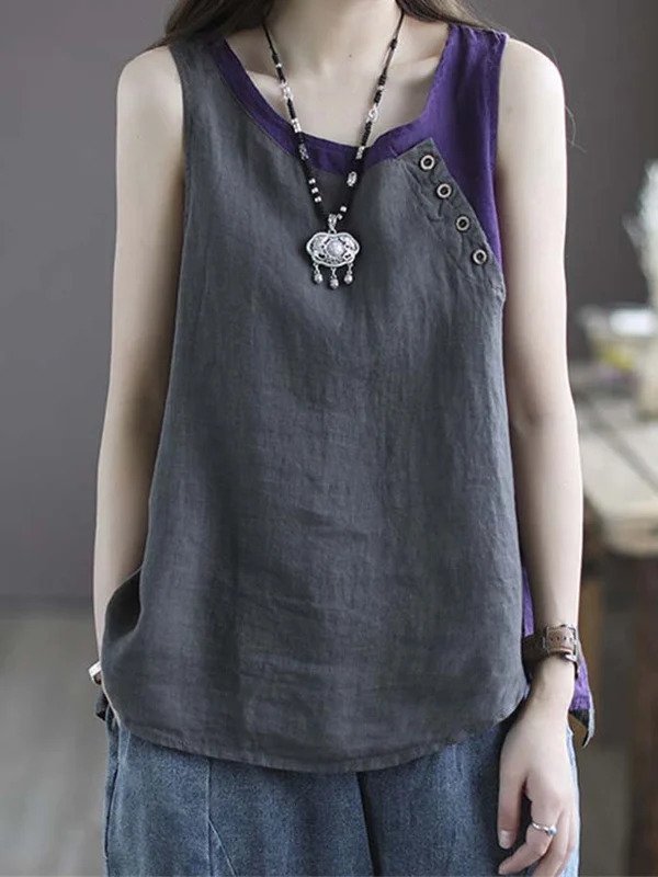 Women's Cotton Linen Colorblock Button Loose Sleeveless Top