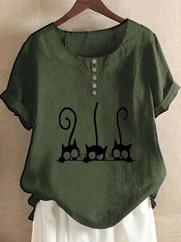 Cat Print Cotton And Linen Shirt